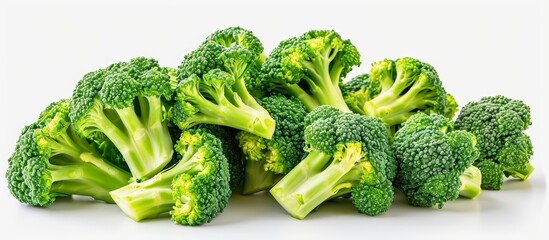 A stack of green broccoli, a staple food and natural vegetable, is arranged on a white surface