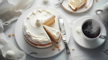 Delicious vanilla icing cake and a cup of smoking hot coffee. Very beautiful white and soft table. - obrazy, fototapety, plakaty