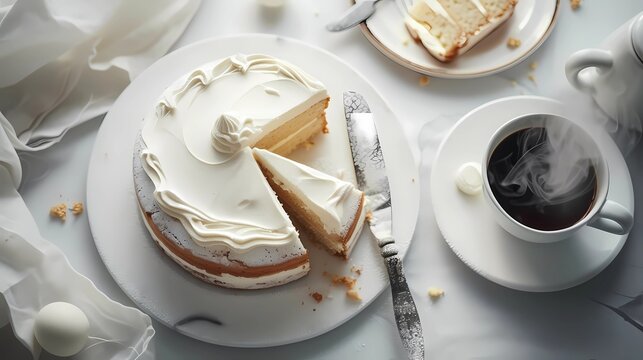 Delicious vanilla icing cake and a cup of smoking hot coffee. Very beautiful white and soft table.