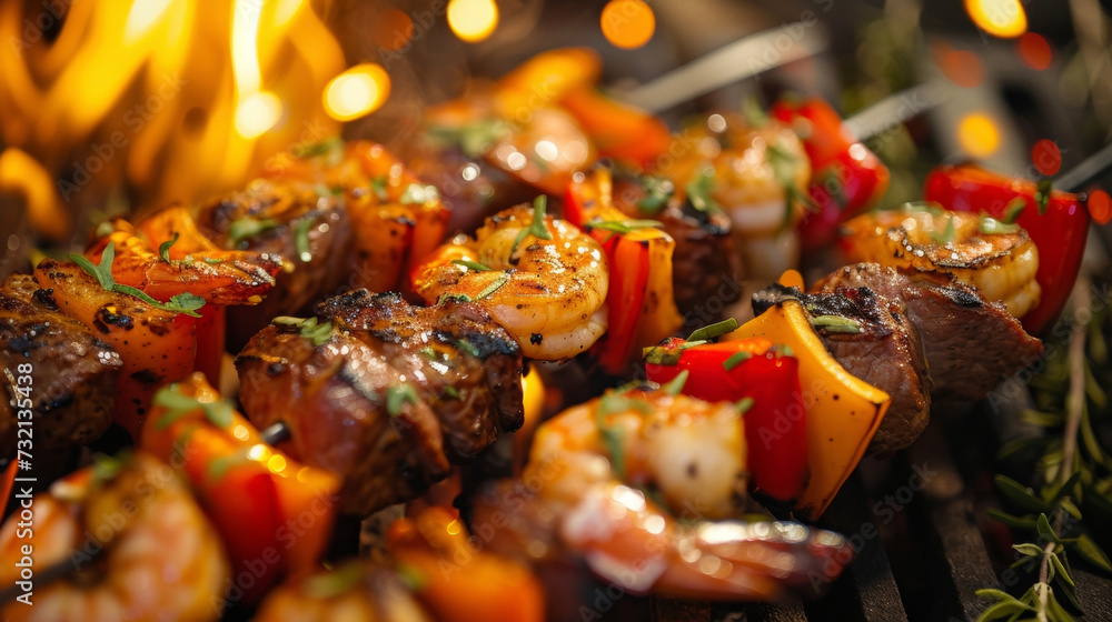 Poster a mouthwatering display of skewers each one bursting with juicy shrimp tender steak and a colorful a
