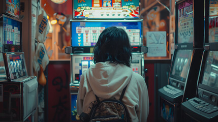 A person sits at a slot machine for hours, tired and bored, but continues to play the slot machine, vintage style.