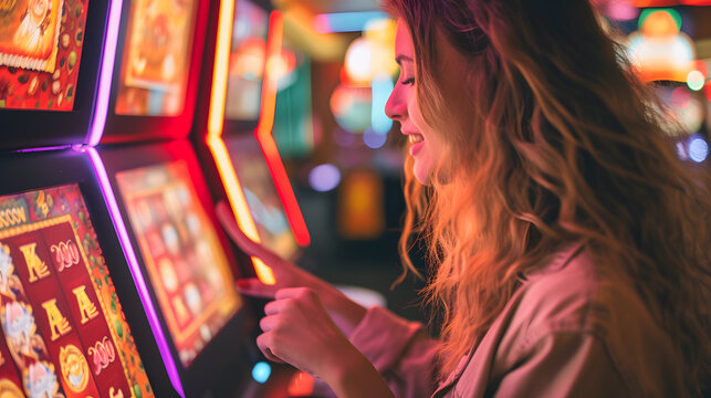 A woman is playing a slot machine with her fingers crossed for good fortune, she is enjoying playing the slot machine.
