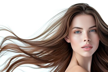 Fototapeta premium closeup photo portrait of a beautiful young female model woman shaking her beautiful brunette hair in motion for shampoo conditioner hair products
