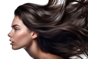 closeup photo portrait of a beautiful young female model woman shaking her beautiful brunette hair in motion for shampoo conditioner hair products
