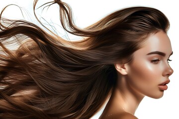 closeup photo portrait of a beautiful young female model woman shaking her beautiful brunette hair in motion for shampoo conditioner hair products