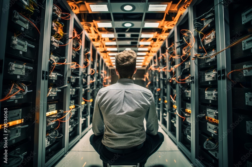 Poster expansive man data center. worker computer. generate ai