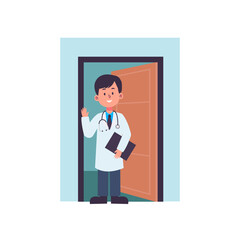 Doctor standing at door room for leaving room flat illustration at hospital clinic healthcare medical