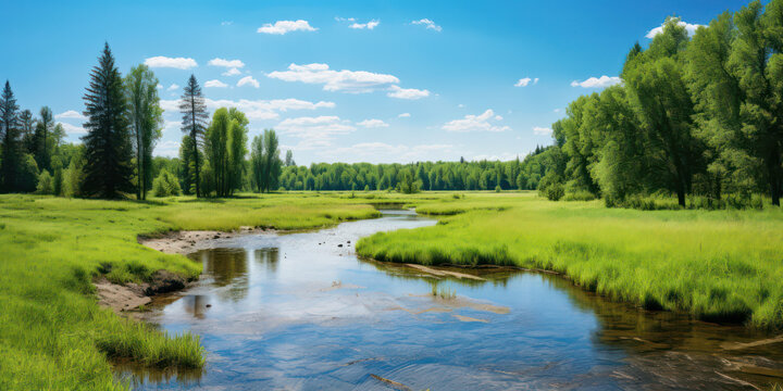 Tranquil Reflection: Green and Blue Nature Landscape with River, Sky, and Beauty