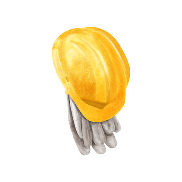 recommend clip art: Watercolor hand drawn yellow safety helmet and working glove isolated on white background