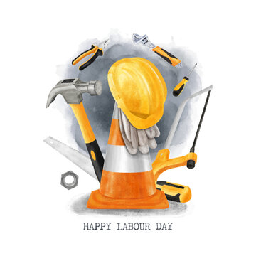 Watercolor Happy Labor Day hand drawn illustration with construction tools. Isolated on white background