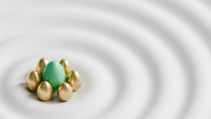 Colorful abstract Easter background with golden eggs, copy space, 3d render