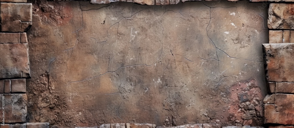 Poster textured background with a random block border surrounding a rough brown stone wall.