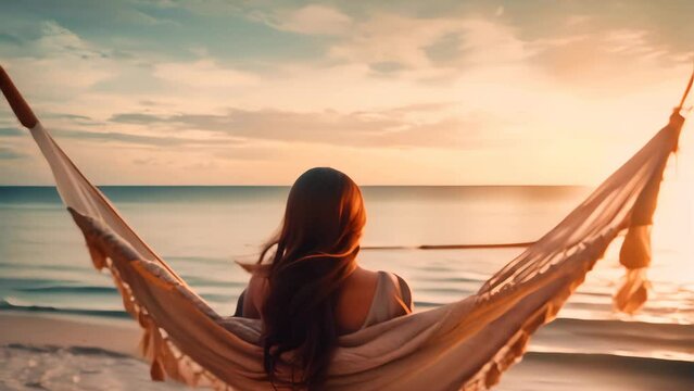 Back shot of a asian woman chill in hammock on summer with beach sunset background.