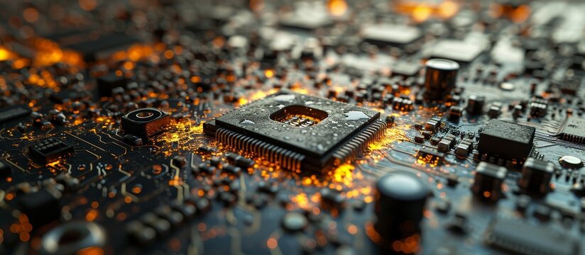 A detailed view of an electronic component on a motherboard, showcasing the intricate design of a computer chip.