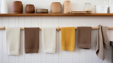 Fototapeta na wymiar An image featuring a collection of knitted dishcloths displayed in a farmhouse kitchen, adding a touch of handmade charm to the space.