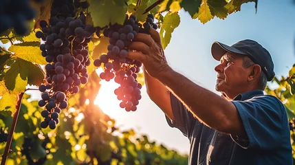 Poster  Scenes of workers harvesting ripe grapes in a vineyard during the early morning light, capturing the essence of a new wine season. © Sladjana