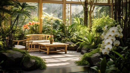 Scenes of a greenhouse with bamboo and orchids, creating a Zen Garden atmosphere with a focus on tranquility