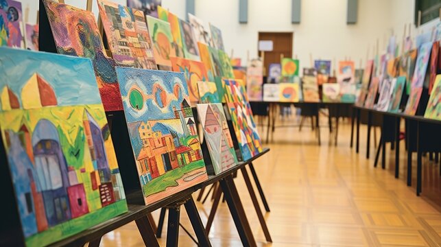 
An image featuring an art exhibition at an elementary school, showcasing the creativity and talent of young artists