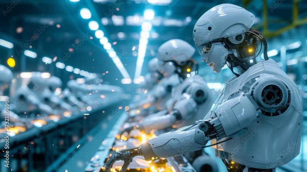 Poster robots working in a factory line with sparks flying from them, ai