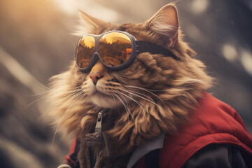 Naklejka premium a cat dressed as a climber who conquers mount.