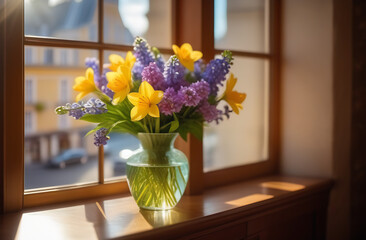 Bouquet of beautiful yellow, purple, pink, white green spring flowers, roses, mimosas, narcissus, narcissists gifts and boxes are standing on the window celebrating international women's day 8th March