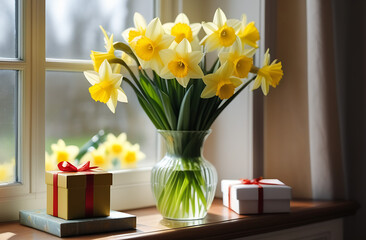 Bouquet of beautiful yellow, purple, pink, white green spring flowers, roses, mimosas, narcissus, narcissists gifts and boxes are standing on the window celebrating international women's day 8th March