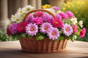 Big bouquet of colorful spring flowers in a basket on the table. Valentines day women's day mother's day concept with gifts and boxes