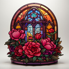 Stylized Stained Glass Window with Lush Roses Illustration

