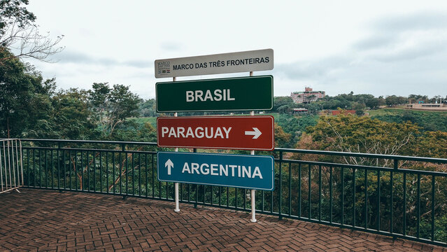 Foz do Igua&ccedil;u, Brazil - 06-25-22: Landmark of the Three Borders between Brazil, Argentina and Paraguay