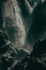 Large Hesjedalsfossen waterfall next to the road in Hordaland, Norway. Long exposure of flowing...