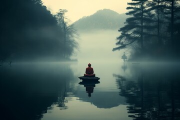 Serene Monk fog lake. Sunrise stone. Generate Ai