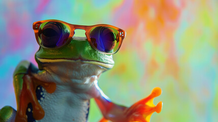 flying frog laughing with sunglasses. AI Generative in studio with a colorful and bright background
