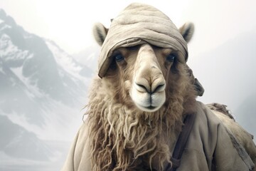 Fototapeta na wymiar a camel dressed as a climber who conquers mountain