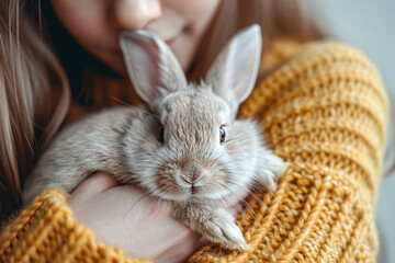 Naklejka premium young woman cradling their pet rabbit in their hands, with a gentle smile on their face dressed in a comfortable terractota-colored knitted sweater in a light-colored home environment