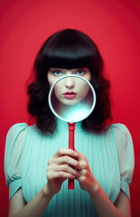 a woman wearing a dress ooking through magnifying glass, glamorous hollywood style portrait, light teal and white on plain red background