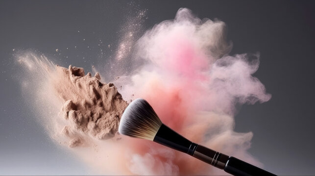 Cosmetic brush with pink powder in motion spreading on light background. No people. Cosmetic Background concept. Illustration. Generative AI