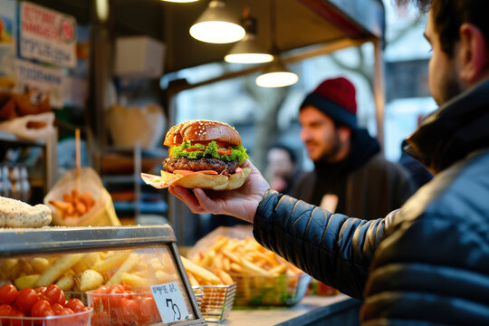 Person In Fast Food Street Market, Holding In Hand Delicious Burger In Paper Wrap, Freshly Made Cheeseburger, Outdoors, Closeup. Summer