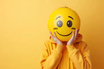 Person holding a social media smiley emoticon face with which he hides his face and emotions, portrait on plain background