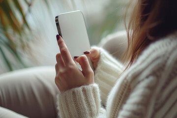 Close-up young woman relaxing at home using her mobile phone, dressed in comfortable white sweater and enjoying social networks. white atmosphere.