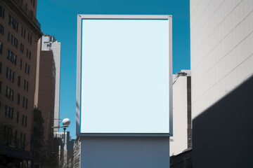 Blank mock up of vertical street poster billboard, in the center city. Street advertising. Illustration. Generative AI