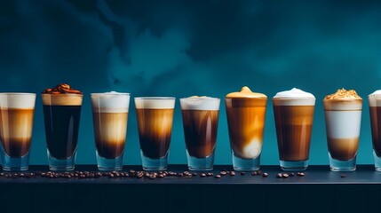 Banner with different coffee. Cappuccino, Americano, Espresso, Latte, Ice latte. Dark blue gradient...
