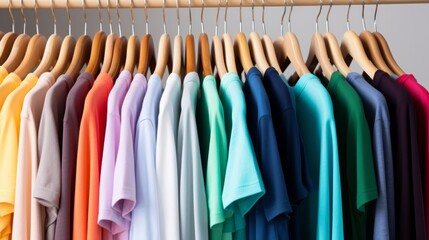 colorful of t-shirt with hangers in market, Fashion style. Neural network AI generated art