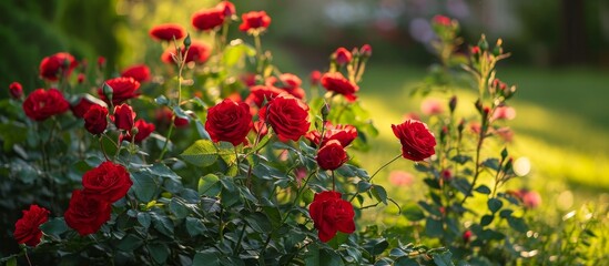 A variety of red roses, a flowering plant from the rose family, grow beautifully in a garden, adding color and natural beauty to the landscape.