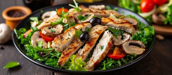 A delicious dish featuring a salad with chicken, mushrooms, tomatoes, and olives. Served on a black plate on a wooden table.