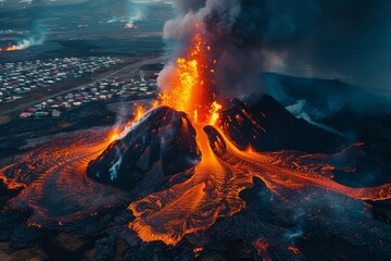 Volcano eruption. Aerial photo, drone footage. Lava flowing towards the city. Realistic photo, natural disaster, threat to the city.
