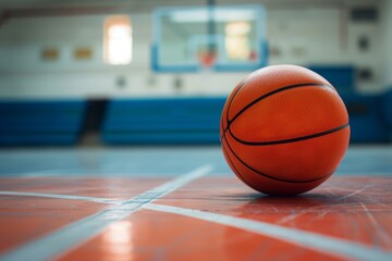 Fototapeta premium Close Up of Basketball on Indoor Court Floor