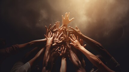 The image of a group of overlapping hands supports success, celebration and partnership or unity