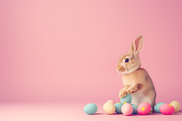 Obraz premium Cute Easter Bunny with pastel pink background 