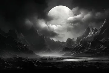 Foto op Plexiglas Luminous Monochrome big moon above the mountains. Night scenic landscape view of hills on dark sky. Generate ai © juliars