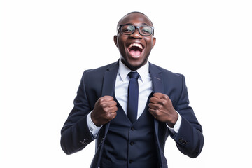 Excited business man celebrating in business clothes with a white background 